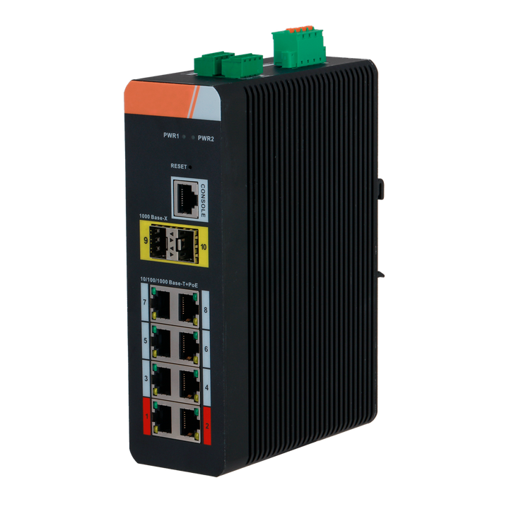 Switch PoE X-Security Carril DIN - 8 puertos PoE RJ45 + 2  puertos SFP - Velocidad 10/100/1000 Mbps - 90W puertos 1-2 / 30W puertos 3-8 / Máximo 120W - PoE/PoE+/Hi-PoE / Hasta 250m / PoE Watchdog - VLAN/STP/RSTP/ERPS/LACP/StaticLAG/IGMP Snooping