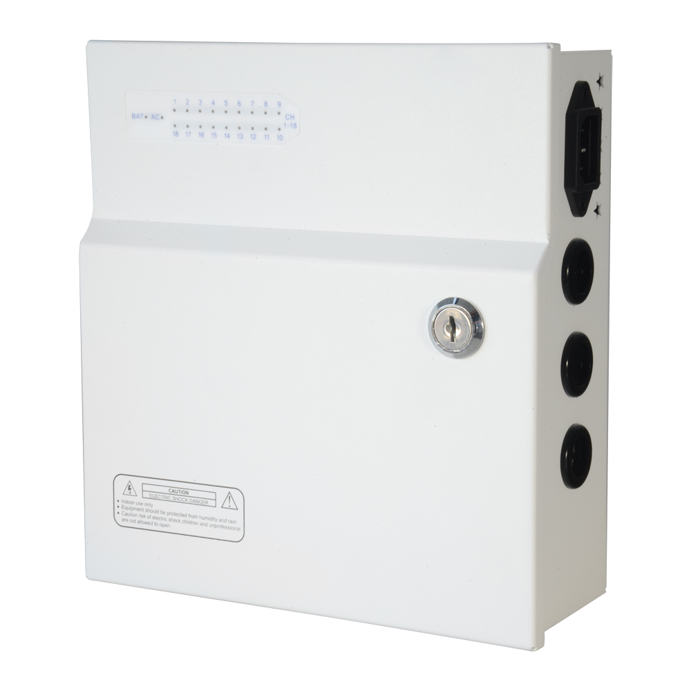 Power distribution box - 1 AC 110V ~ 220V input - 18 copper twisted pair outputs - PTC resettable fuse protection - Output voltage 12V / 250W - UPS function (SAI)