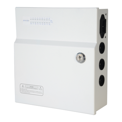 Power distribution box - 1 AC 110V ~ 220V input - 18 copper twisted pair outputs - PTC resettable fuse protection - Output voltage 12V / 250W - UPS function (SAI)