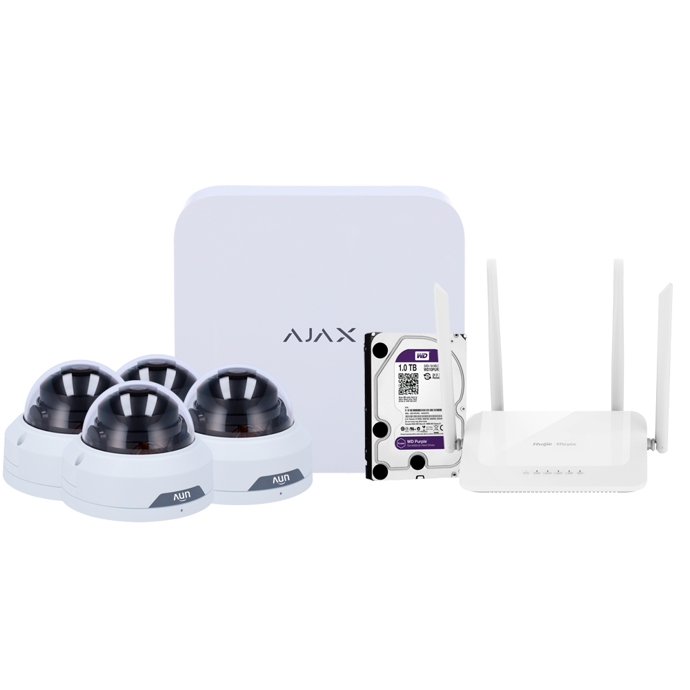 Kit di videosorveglianza Ajax - Videoregistratore Ajax da 8 canali   - 4 telecamere turret WiFi da 2 Mpx Uniview - Router WiFi da 4 porte - Hard disk da 1 TB - Integrazione tramite ONVIF