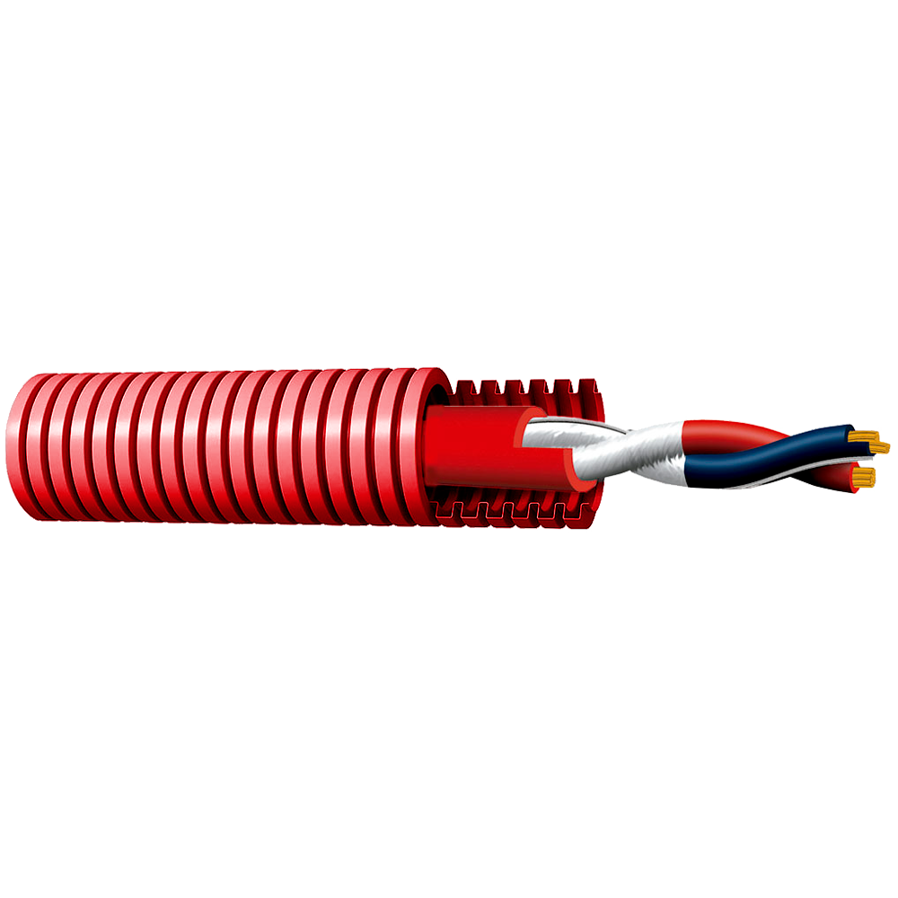 Special cable for fire prevention systems - Prewired twisted pair in 16mm corrugated pipe - Class 5 flexible copper conductor - 100m reel - Halogen-free - CPR Cca -1sb, a1, d1 certified