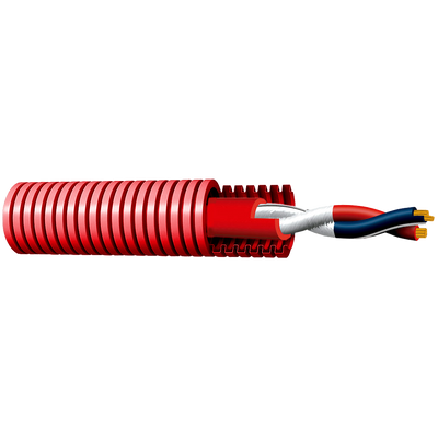 Special cable for fire prevention systems - Prewired twisted pair in 16mm corrugated pipe - Class 5 flexible copper conductor - 100m reel - Halogen-free - CPR Cca -1sb, a1, d1 certified