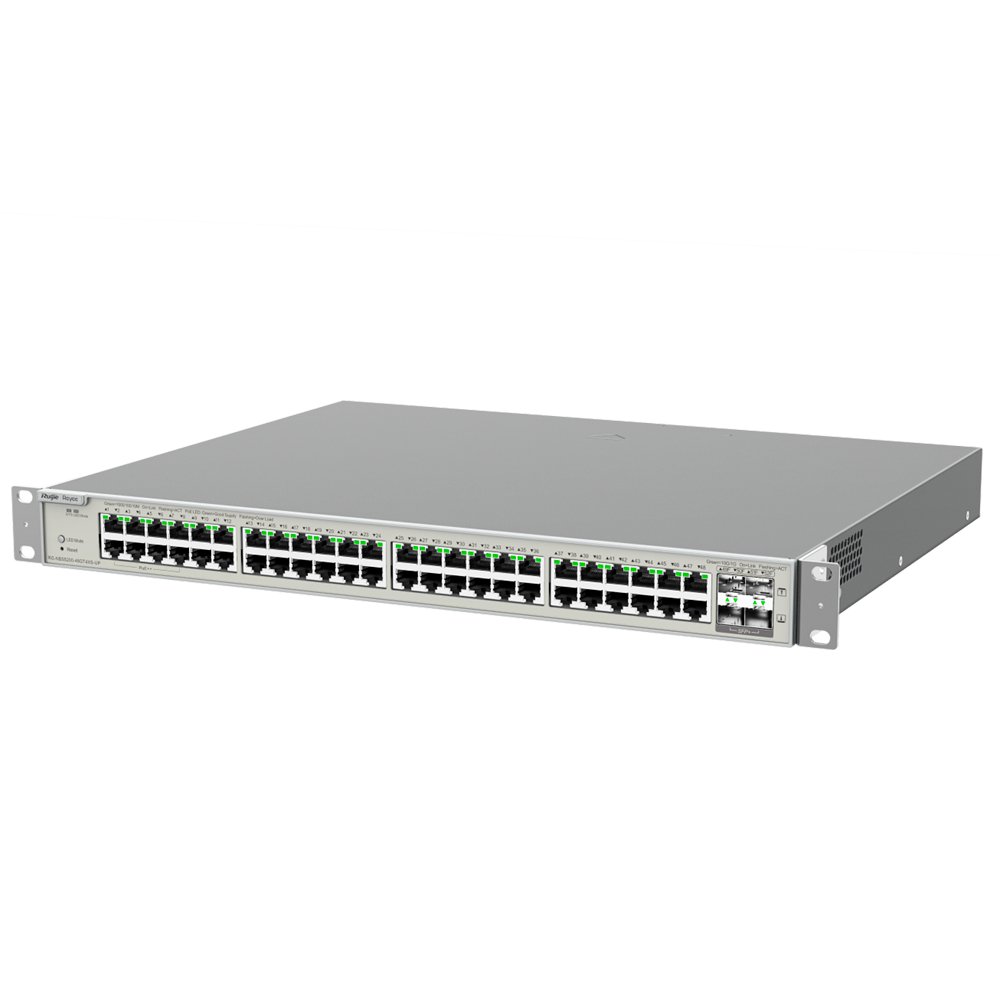 Reyee Switch Hi-PoE Cloud Layer 3 - 48 porte PoE RJ45 Gigabit + 4 SFP+ 10Gb - 40 Porte PoE+ (30W) + 8  Hi-PoE (90W) / 740W - Static LAG/DHCP Snooping/IGMP Snooping/Port Mirroring - VLAN/Porta Isolation/STP/RSTP/ACL/QoS/802.1X - Server DHCP/Rotte statiche/