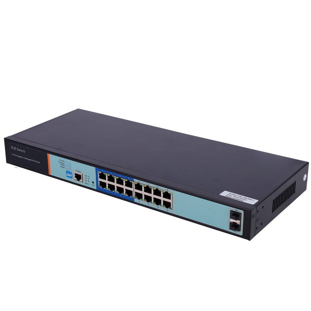 Switch PoE - 16 puertos PoE + 2 Gigabit SFP - Velocidad 10/100/1000 Mbps - 46 W por puerto/ Máximo 250W / Hasta 250m - VLAN/Aislamiento de puertos/STP/RSTP/MSTP/ACL/QoS/802.1X - LACP/DHCP Snooping/IGMP Snooping/Duplicación de puertos