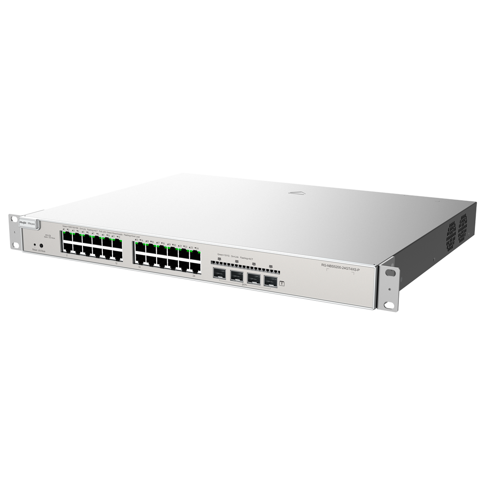 Reyee Switch PoE Cloud Capa 2+ - 24 puertos PoE RJ45 Gigabit + 4 SFP+ 10Gb - 30W por puerto 802.3af/at / Máximo 370W - Static LAG/DHCP Snoop/IGMP Snoop/Port Mirror - VLAN/Port Isolation/STP/RSTP/ACL/QoS - Servidor DHCP/Rutas estáticas