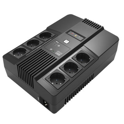Line-interactive single-phase UPS - Power 800VA/480W - Input 220~240 Vac / Output 230 Vac - 6 protected outputs (3 UPS, 3 Bypass) - Recharge time 6~8 hours - Sealed lead-acid battery (included)