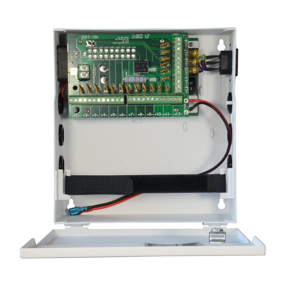 Power distribution box - 1 AC 110V ~ 220V input - 18 copper twisted pair outputs - PTC resettable fuse protection - Output voltage 12V / 250W - UPS function (SAI)