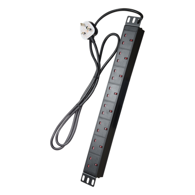 Power strip with UK plug - Designed for standard 19" racks - 8 outputs up to 250VAC / 13A max. - 1U size for ease of installation - Black color