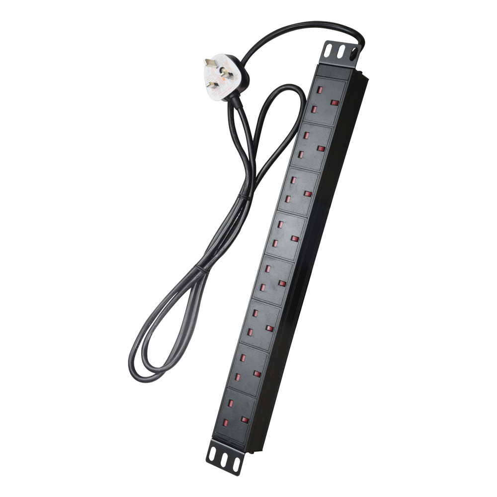 Power strip with UK plug - Designed for standard 19" racks - 8 outputs up to 250VAC / 13A max. - 1U size for ease of installation - Black color
