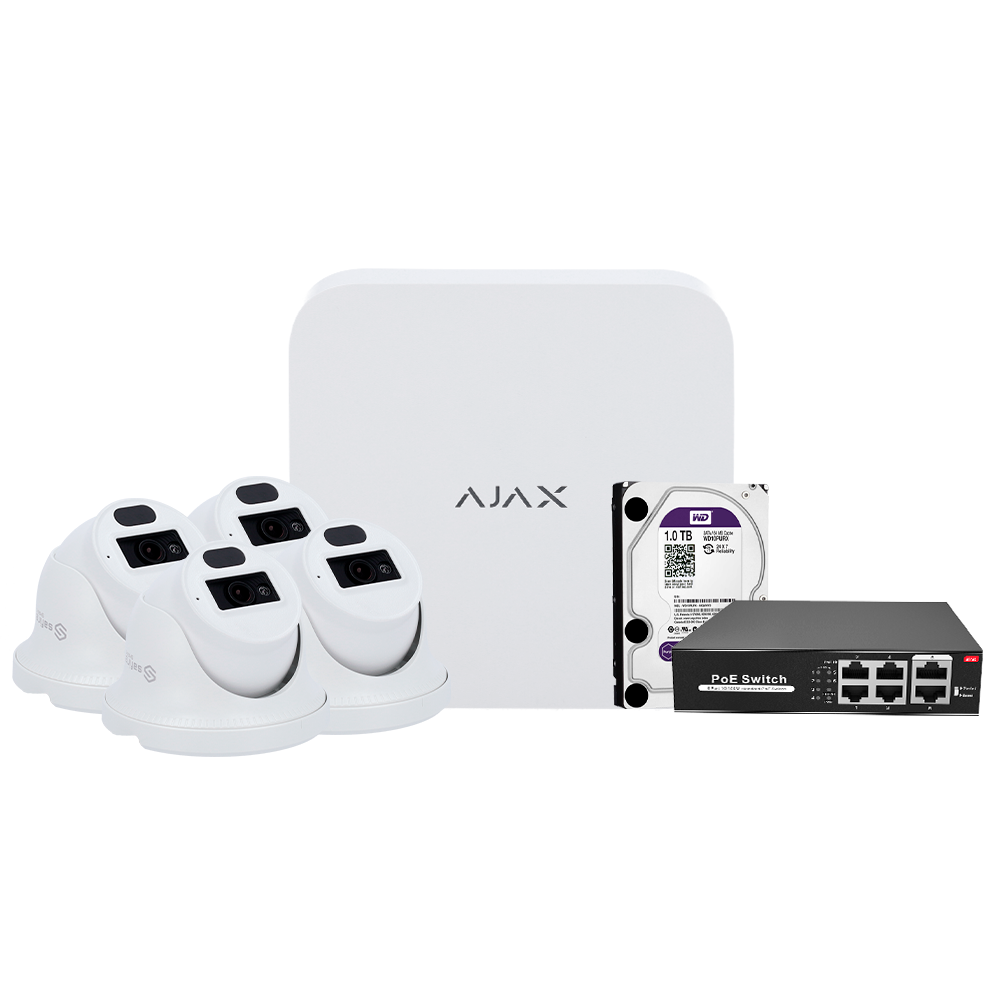 Kit di videosorveglianza Ajax - Videoregistratore Ajax da 8 canali   - 4 telecamere turret da 2 Mpx Safire Smart  - Switch PoE da 4 canali - Hard disk da 1 TB - Integrazione tramite ONVIF