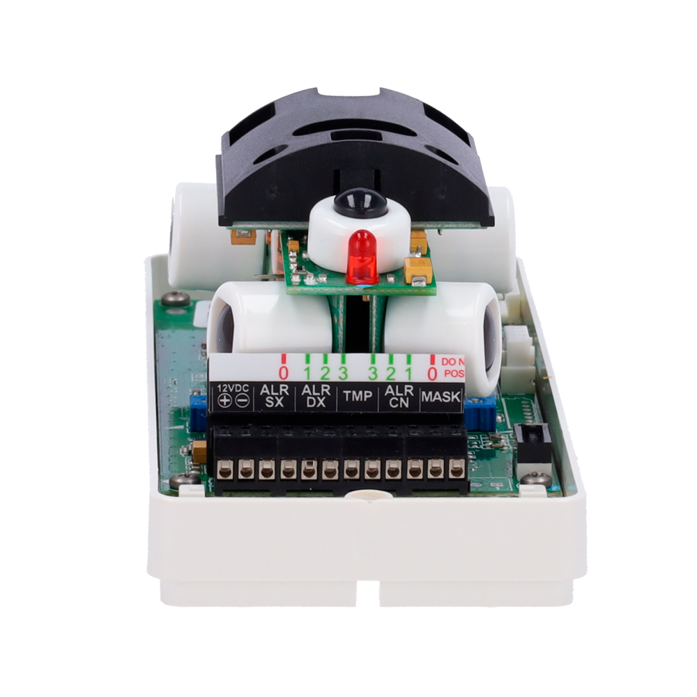 Rilevatore da esterno cablato Duevi - Doppio PIR su ciascun lato e doppio PIR frontale - Copertura totale 180º / Antimasking - Alimentazione 9.6 ~ 14.5 VDC - Compatibile con i sistemi di allarme cablati - Uso esterno IP54 / Antivandalo IK10