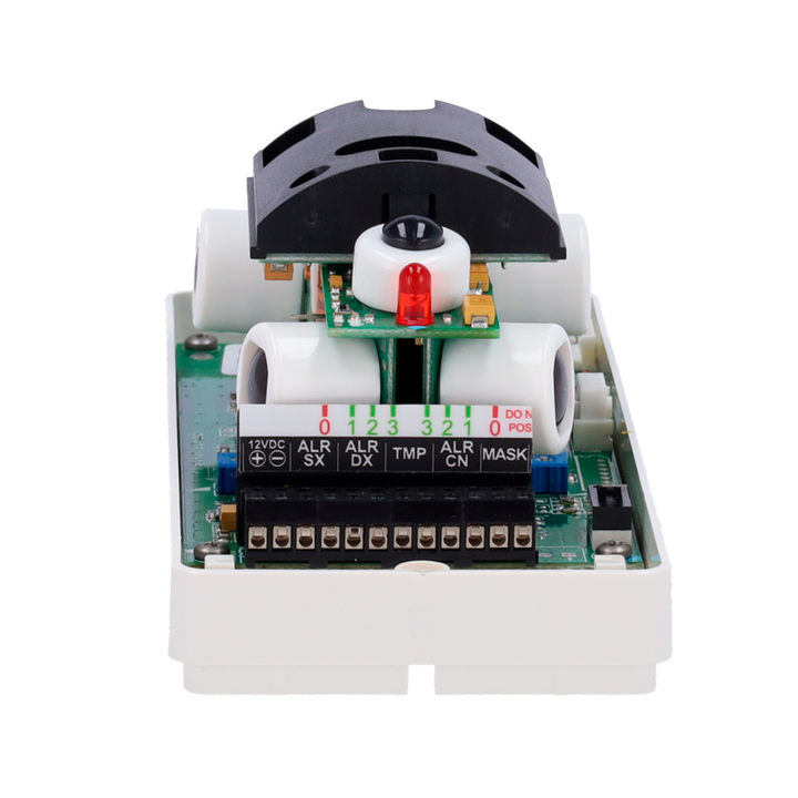 Rilevatore da esterno cablato Duevi - Doppio PIR su ciascun lato e doppio PIR frontale - Copertura totale 180º / Antimasking - Alimentazione 9.6 ~ 14.5 VDC - Compatibile con i sistemi di allarme cablati - Uso esterno IP54 / Antivandalo IK10
