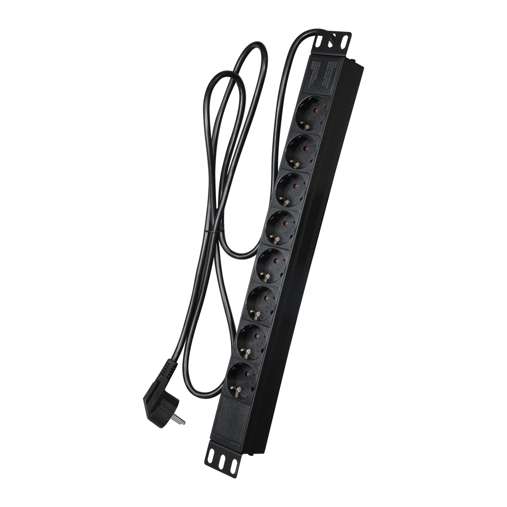 Multiple socket outlet - Designed for standard 19" racks - 8 outputs up to 250VAC / 16A max. - 1U size for ease of installation - Automatic safety switch - Black color