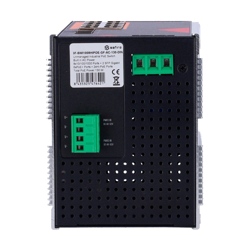 Safire Switch Industrial Alimentación AC 90~264V - 8 puertos Gigabit + 2 SFP Gigabit - 6 Puertos PoE+ 30W + 2 Puertos Hi-PoE 60W - PoE Watchdog - Hasta 130W Potencia PoE total - Instalación carril DIN