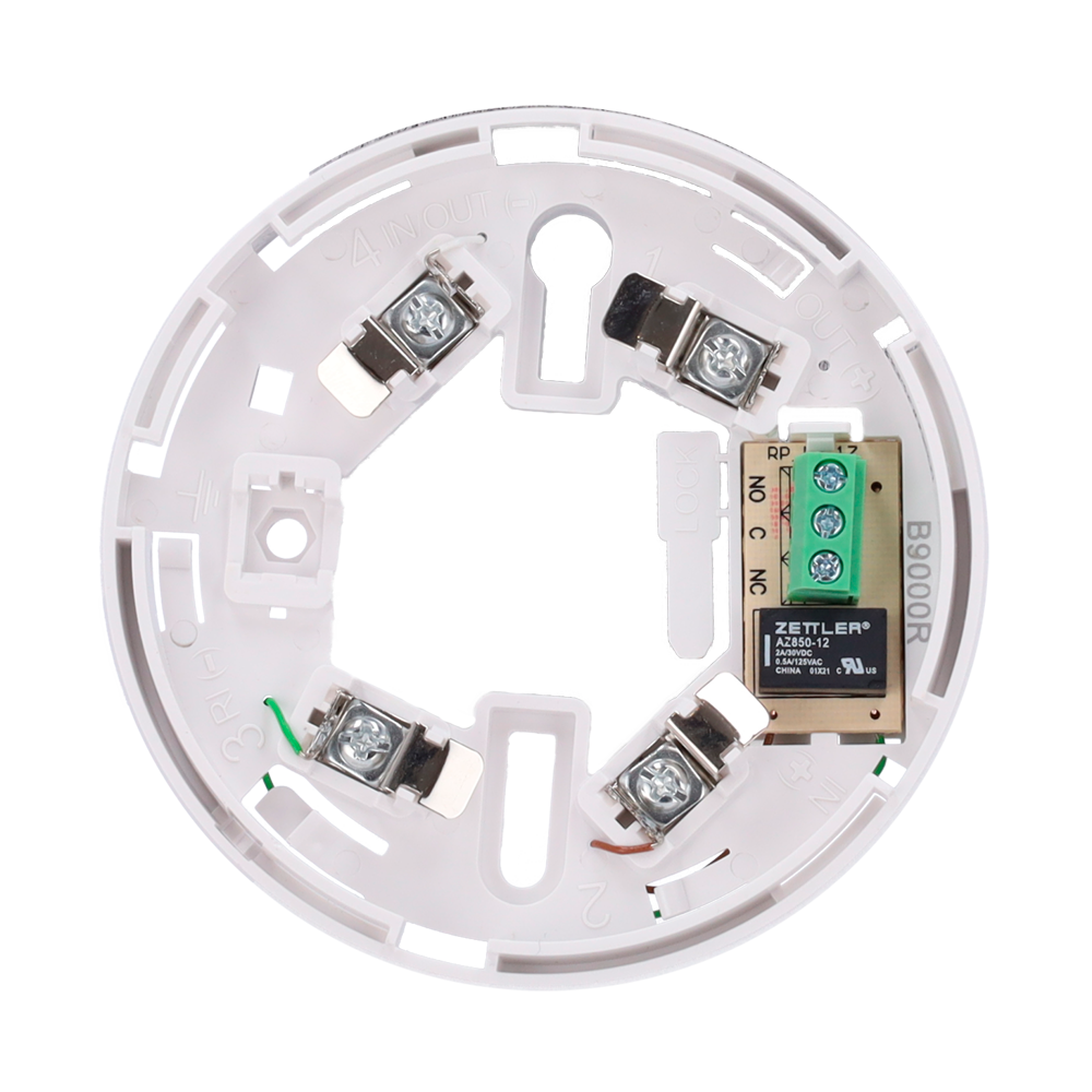 Low profile base with relay - Up to 12VDC 0.5A / NO/NC/C terminal - Compatible with V2 and high base detectors - Required for detector installation - Simple mounting - Ability to lock the detector to the base - Compatible with