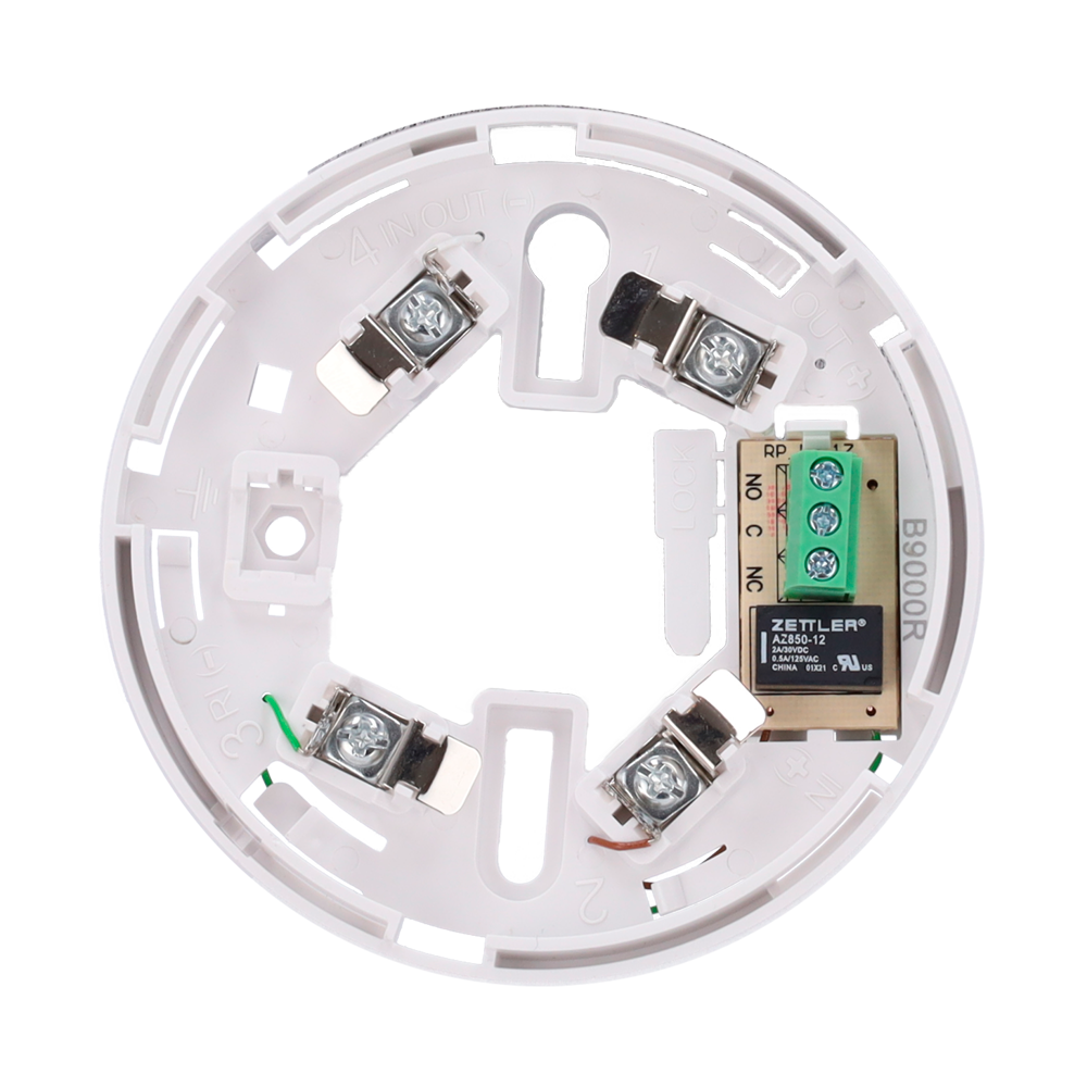 Base de perfil bajo con relé - Hasta 12 VCC 0,5 A / terminal NO/NC/C - Compatible con detectores V2 y de base alta - Requerido para la instalación del detector - Montaje simple - Capacidad para bloquear el detector a la base - Compatible con