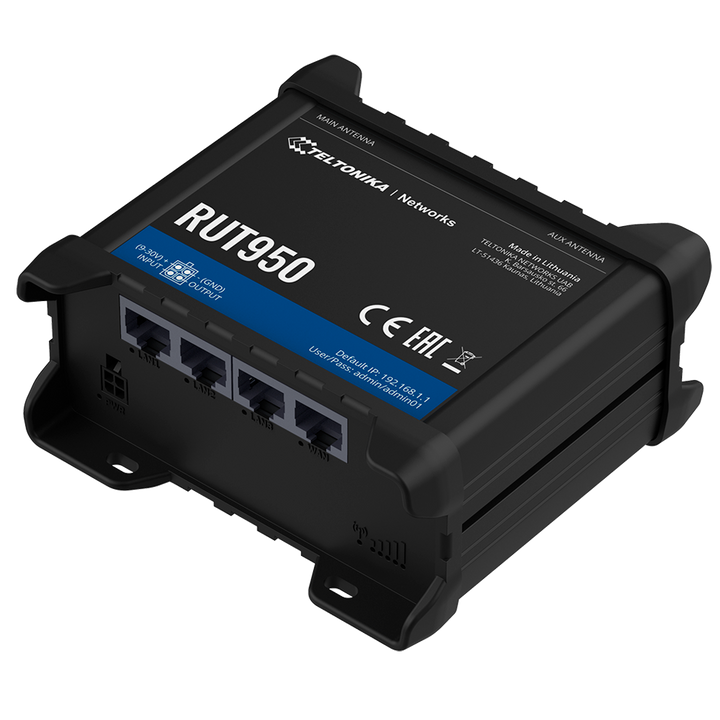 Teltonika Router 4G Industriale - 4 porte Ethernet RJ45 Fast Ethernet - Dual SIM 4G (LTE) Cat 4 fino a 150Mbps - 2x Ingressi + 2xSalidas Digitali - Wi-Fi 802.11b/g/n 2.4GHz - Alloggiamento in Alluminio