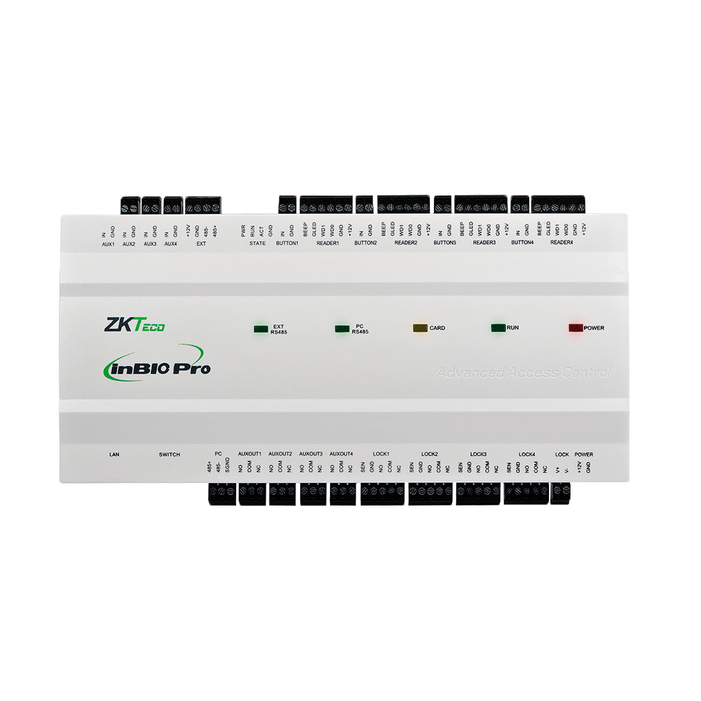 Controlador de acceso biométrico - Acceso mediante huella, tarjeta o contraseña - Comunicación TCP/IP | RS485 - 4 lectores Wiegand | 8 lectores RS485 - Salida de relé para 4 puertas - Software ZKBio CVSecurity