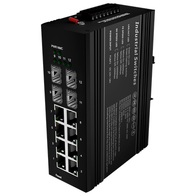 White Label PoE Switch - DIN Rail Mount - 8 Gigabit Ports + 4 Gigabit SFPs - 90W Ports 1 &amp; 2 / 30W Ports 3-8 / Maximum 240W - IEEE802.3af/at/bt | PoE/PoE+/Hi-PoE - VLAN/STP/RSTP/MSTP/ERPS/SNMP/ACL - Static LAG/IGMP Snooping/DHCP Snoop/802.1x