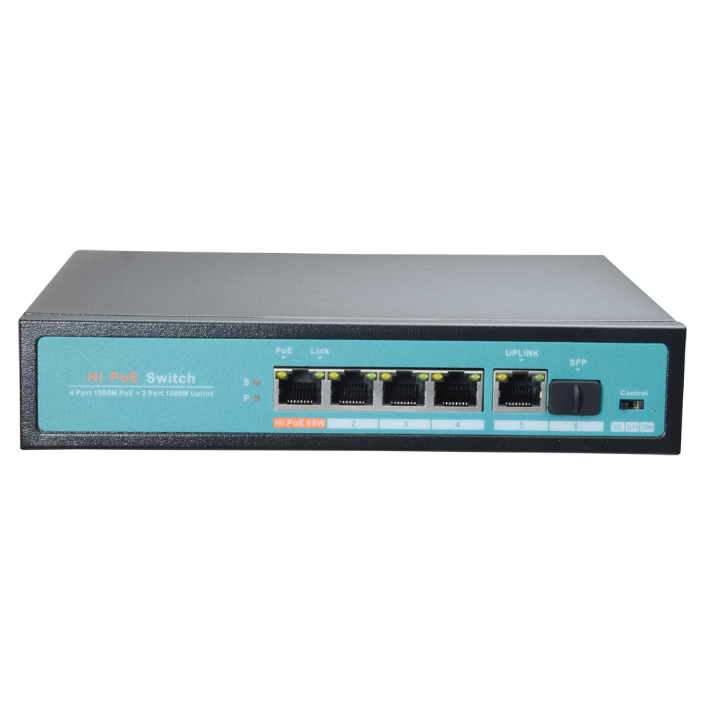 Switch PoE - 4 porte PoE + 1 Uplink + 1 SFP GIGA - Velocità della porta 10/100/1000 Mbps - 65W porta 1 / 30W porta 2-4 / Massimo 65W - Modo TVCC fino a 250m a 10Mbps - Hi-PoE / IEEE802.3at (PoE+) / af (PoE)