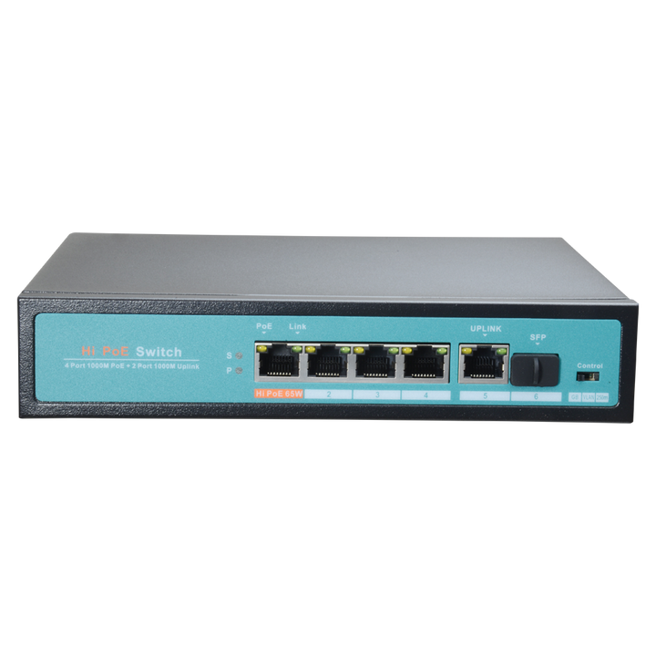 Switch PoE - 4 porte PoE + 1 Uplink + 1 SFP GIGA - Velocità della porta 10/100/1000 Mbps - 65W porta 1 / 30W porta 2-4 / Massimo 65W - Modo TVCC fino a 250m a 10Mbps - Hi-PoE / IEEE802.3at (PoE+) / af (PoE)