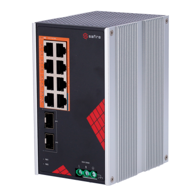 Safire Switch Industrial Alimentación AC 90~264V - 8 puertos Gigabit + 2 SFP Gigabit - 6 Puertos PoE+ 30W + 2 Puertos Hi-PoE 60W - PoE Watchdog - Hasta 130W Potencia PoE total - Instalación carril DIN