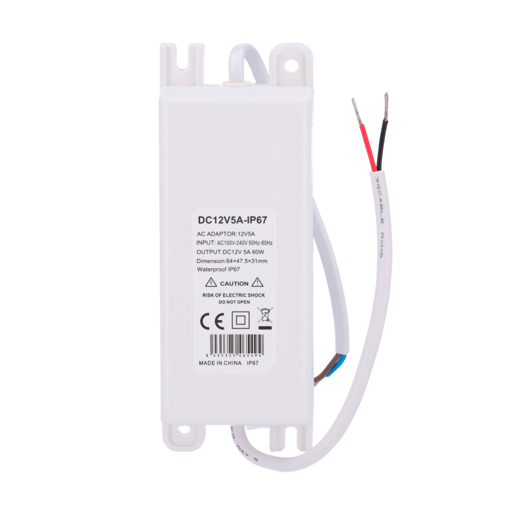 Power supply - DC 12 V 5 A output - AC 230V 50Hz output - Waterproof IP67 - Protection: Overload/Overvoltage/Overtemperature - White color