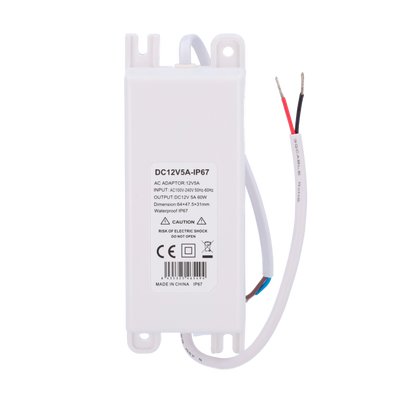 Power supply - DC 12 V 5 A output - AC 230V 50Hz output - Waterproof IP67 - Protection: Overload/Overvoltage/Overtemperature - White color