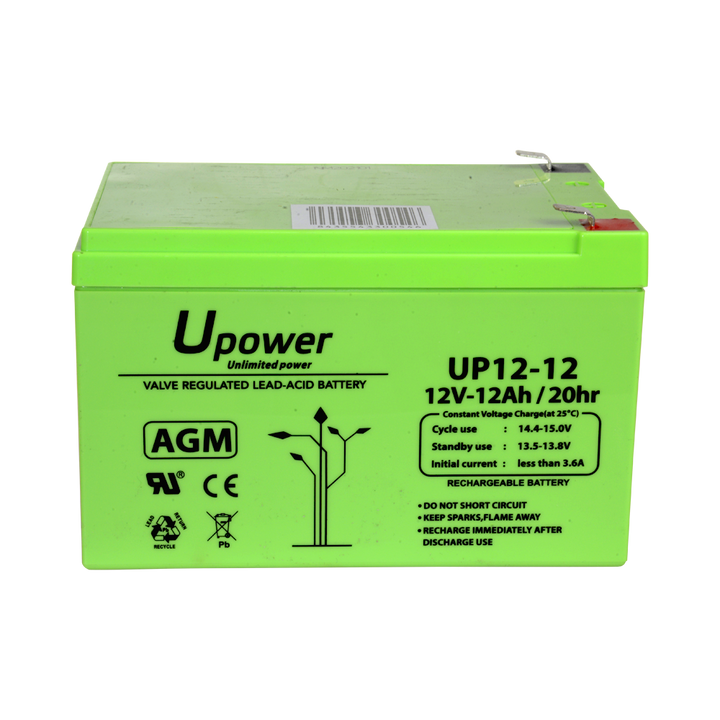 <span style="text-align: left;">Upower - Rechargeable battery - AGM lead-acid technology - Voltage 12 V - Capacity 12.0 Ah - 101 x 151 x 98/ 3800g - For backup or direct use</span>
