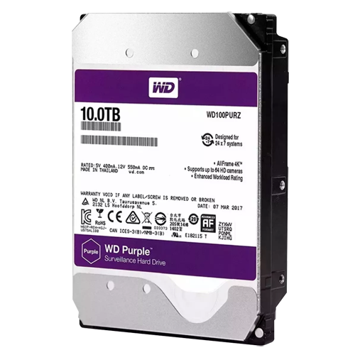 Western Digital Hard Disk - 10 TB capacity - SATA 6 GB/s interface - Model WD100PURX-78 - Special for video recorders - Alone or installed on DVR