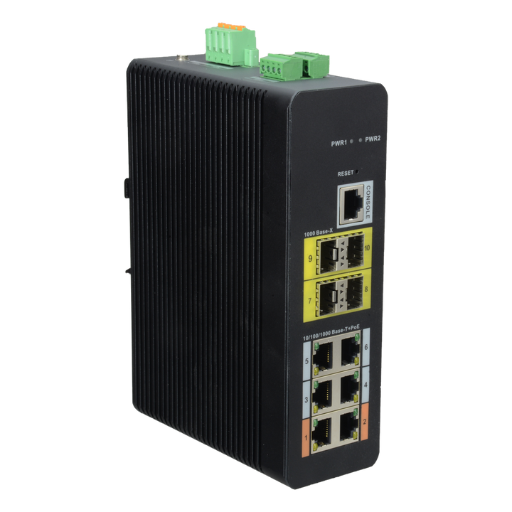 Switch HiPoE X-Security - 6 porte PoE (RJ45) + 4 porta Uplink (SFP) - Velocità 10/100/1000 Mbps - 2 Porte Hi-PoE / Consumo massimo 120W - VLAN/STP/RSTP/MSTP/ACL/QoS/802.1X - LACP/Static LAG/DHCP Snooping/DHCP Server