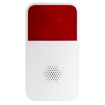 Branded wireless siren - 433MHz/886MHz radio frequency device - Sound intensity 85dBa 1m - Distance 150m - Red warning light - 12VDC / 4xCR123 3V