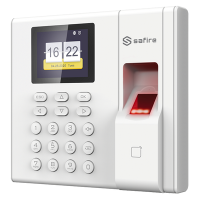 Control de Presencia - Huellas, tarjeta EM y teclado - 1.000 grabaciones / 100.000 registros - TCP/IP, USB, USB, modo presencia - Batería de respaldo - Software Safire Control Center AC
