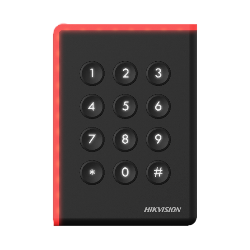 Lector de acceso - Acceso mediante tarjeta MF/MF DESFire y PIN - Indicador LED y acústico - Wiegand 26/34 | RS485 - Compatible con controladores Hikvision - Exterior IP65