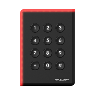 Lector de acceso - Acceso mediante tarjeta MF/MF DESFire y PIN - Indicador LED y acústico - Wiegand 26/34 | RS485 - Compatible con controladores Hikvision - Exterior IP65