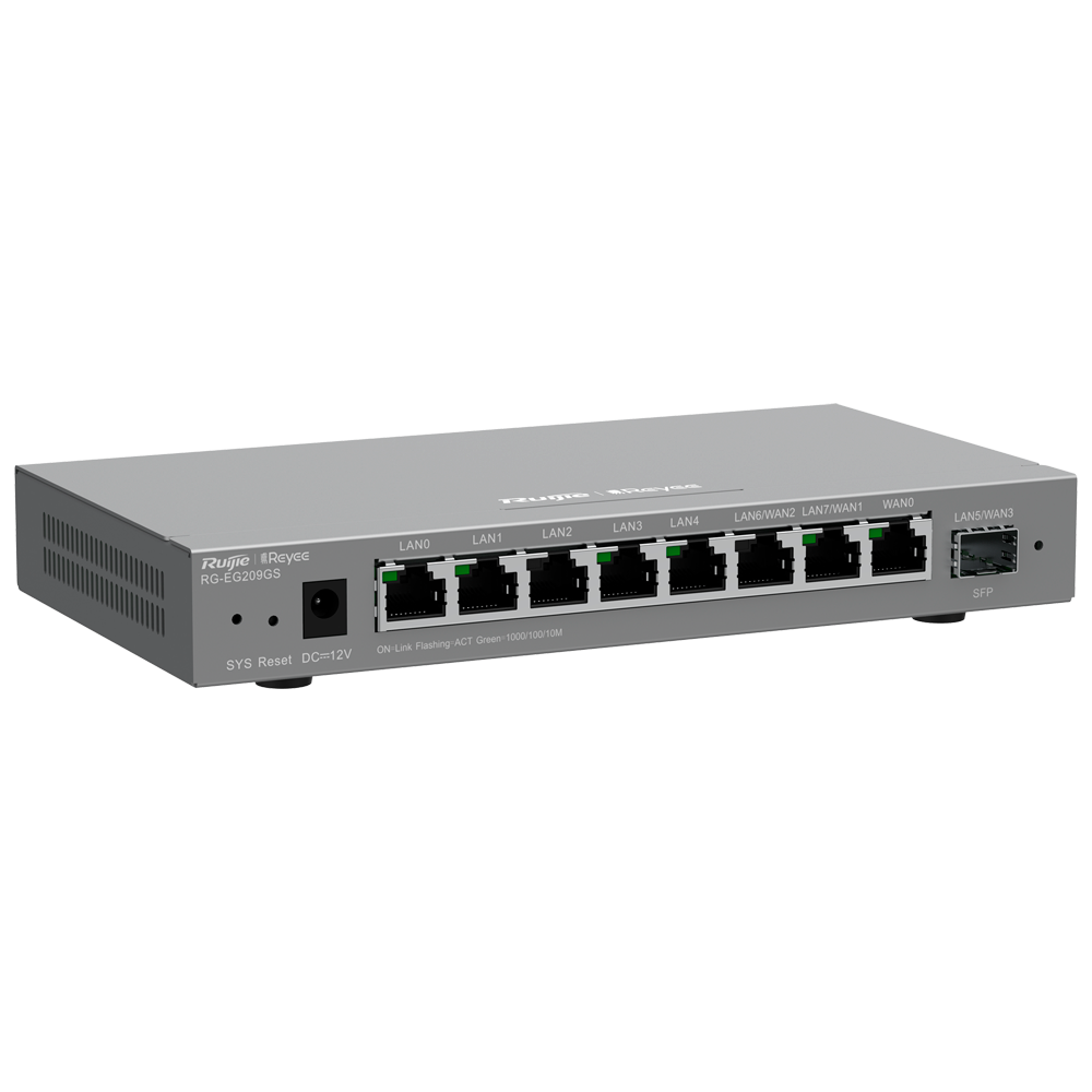 Controlador de enrutador Reyee administrado - 8 puertos RJ45 10/100 /1000 Mbps - 1 puerto SFP LAN/WAN - Admite hasta 4 WAN para conmutación por error o equilibrio - Ancho de banda de hasta 600 Mbps - IPSec, L2TP, servidor VPN PPTP, OpenVPN