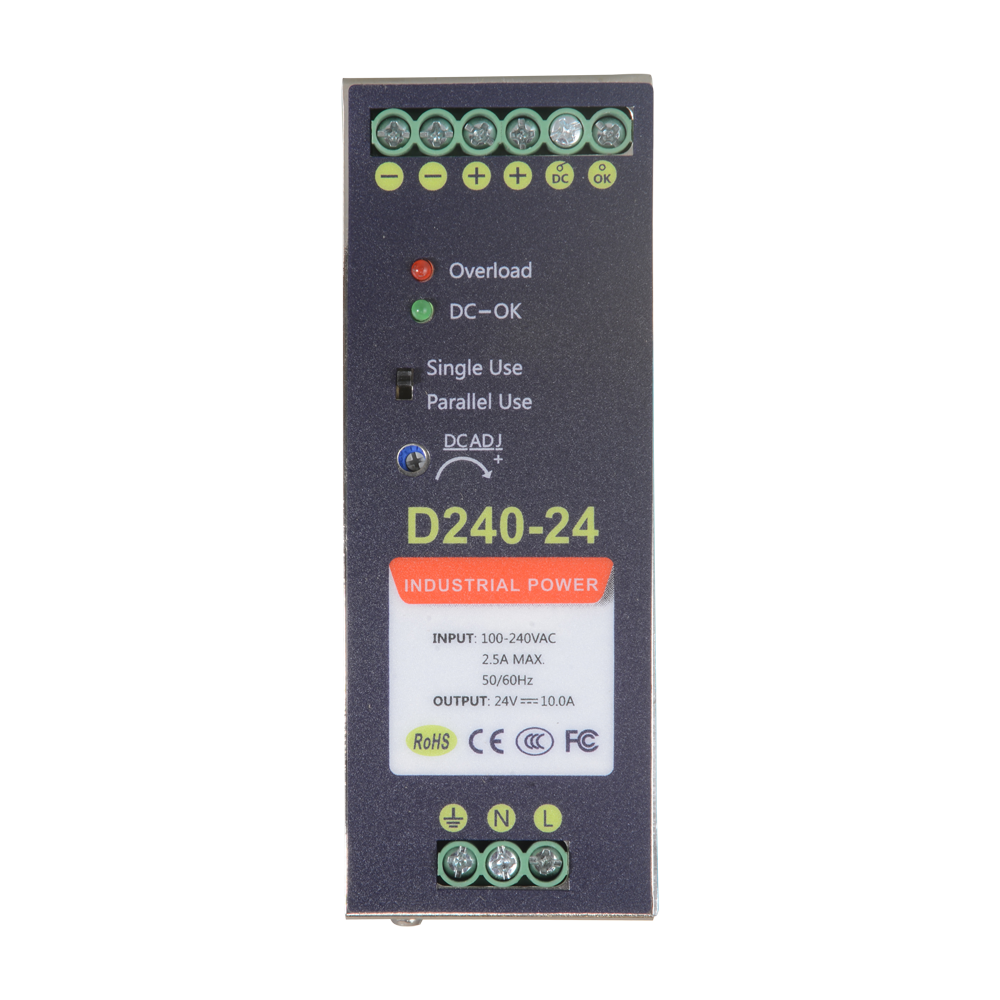 Switched power source - DC 24V 10A / 240W output - 2 outputs - Input voltage 90V ~ 264V - 100 (Fo) x 94 (Al) x 40 (An) mm - DIN rail mounting