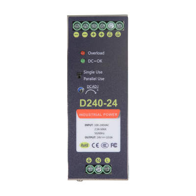 Switched power source - DC 24V 10A / 240W output - 2 outputs - Input voltage 90V ~ 264V - 100 (Fo) x 94 (Al) x 40 (An) mm - DIN rail mounting