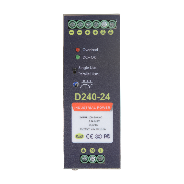 Fonte di alimentazione commutata - uscita DC 24 V 10 A / 240 W - 2 uscite - Voltaggio in entrata 90 V ~ 264 V - 100 (Fo) x 94 (Al) x 40 (An) mm - Montaggio su guida DIN