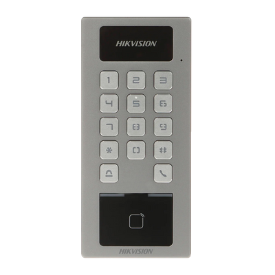 Control de acceso - Huella dactilar, tarjeta MF/MF DESFire y PIN - 10.000 usuarios | 300.000 registros: TCP/IP, WiFi, RS485 y Wiegand | IP65 e IK09 - Controlador integrado (sensor, pulsador y relé) - iVMS-4200 | Hik-Conectar