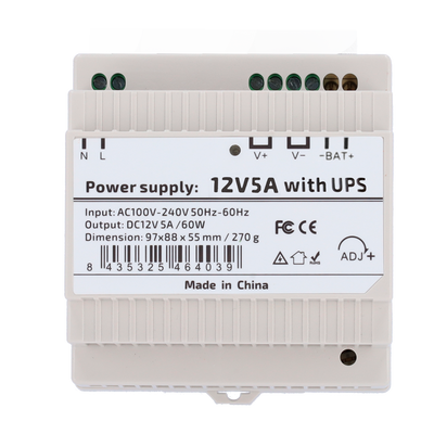 Alimentatore con funzione UPS - uscita DC 12 V 5 A / 60 W - Tensione in ingresso AC 100V ~ 240V 50Hz-60Hz -  97 (P) x 55 (I) x 88 (H) mm - Montaggio su guida DIN - Protezione: Sovraccarico/Sovratensione/Cortocircuito