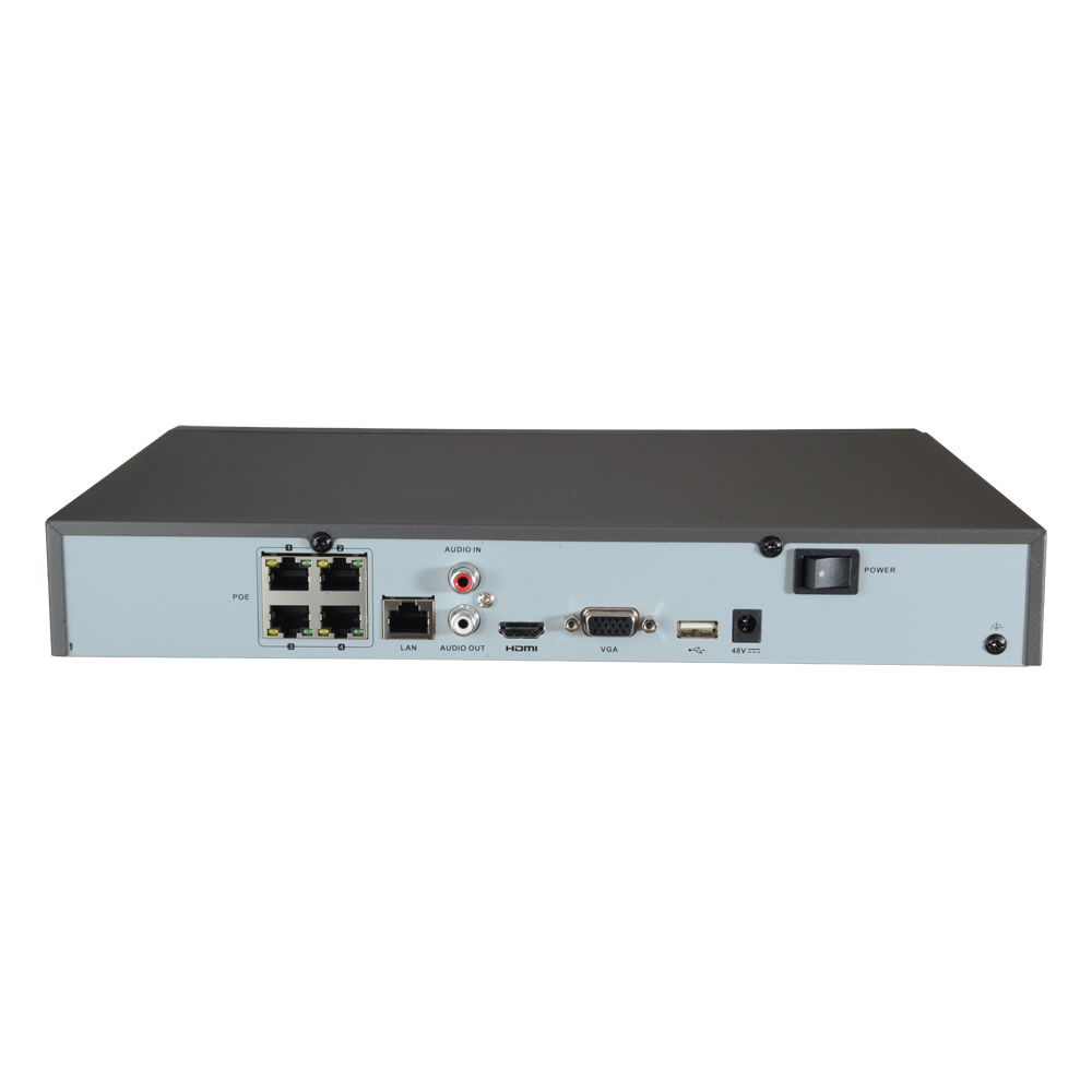 NVR per videocamere IP - 4 CH video PoE+ 50W / Compressione H.265+ - Risoluzione massima 8.0 Mp - Larghezza di banda 40 Mbps - Uscita HDMI 4K e VGA - Ammette 1 hard disk