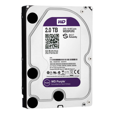 Hard Disk - 2 TB capacity - SATA 6 GB/s interface - Model WD20PURX - Special for video recorders - Alone or installed on DVR