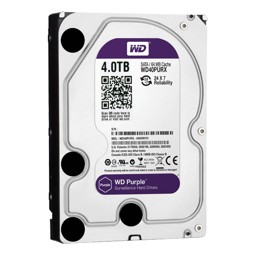 Hard Disk - 4 TB capacity - SATA 6 GB/s interface - Model WD40PURX - Special for video recorders - Alone or installed on DVR