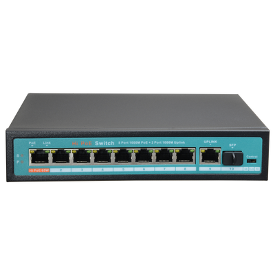 Switch PoE - 8 porte PoE + 1 Uplink + 1 SFP GIGA - Velocità della porta 10/100/1000 Mbps - 65W porta 1 / 30W porta 2-8 / Massimo 120W - La modalità HD ottimizza la trasmissione CCTV - Hi-PoE / IEEE802.3at (PoE+) / af (PoE)