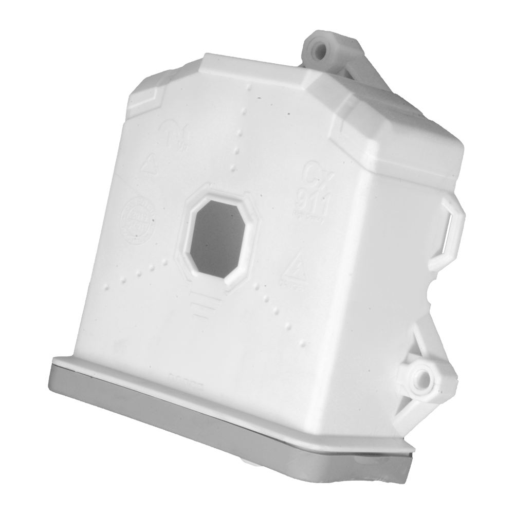 Junction box for dome cameras - Suitable for all surfaces - Roof or wall installation - Made of plastic - White colour
