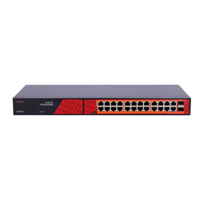 Safire Switch Hi-PoE - 24 puertos PoE + 2 SFP Uplink - Velocidad de puertos Gigabit 10/100/1000Mbps - 22 Puertos PoE+ 30W + 2 Puertos Hi-PoE 60W - PoE Watchdog - Hasta 300W Potencia PoE total
