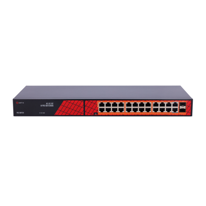 Safire Switch Hi-PoE - 24 puertos PoE + 2 SFP Uplink - Velocidad de puertos Gigabit 10/100/1000Mbps - 22 Puertos PoE+ 30W + 2 Puertos Hi-PoE 60W - PoE Watchdog - Hasta 300W Potencia PoE total