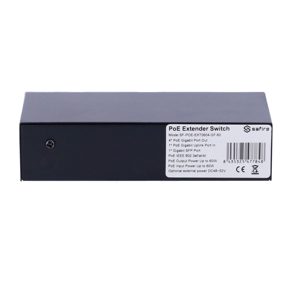 Safire Indoor POE extender Switch - Amplía alcance alimentación POE - 4 puertos PoE + 1 Uplink RJ45 +1 SFP  - IEEE 802.3 af/at/bt - Potencia de salida máxima 60 W - Puertos 10/100/1000 Mbps