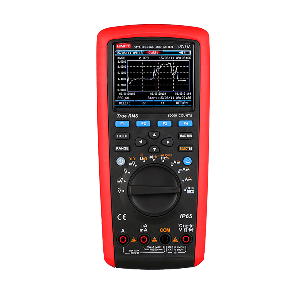 Multímetro con registro de datos True RMS - Conexión a PC para transferencia de datos - Medición AC/DC: hasta 1000V y 10A - Medición de resistencia, capacitancia, conductancia - Medición de frecuencia, temperatura, continuidad - Registro de datos y